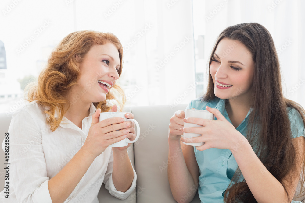 Female friends with coffee enjoying a conversation at home Female friends with coffee enjoying a conversation at home