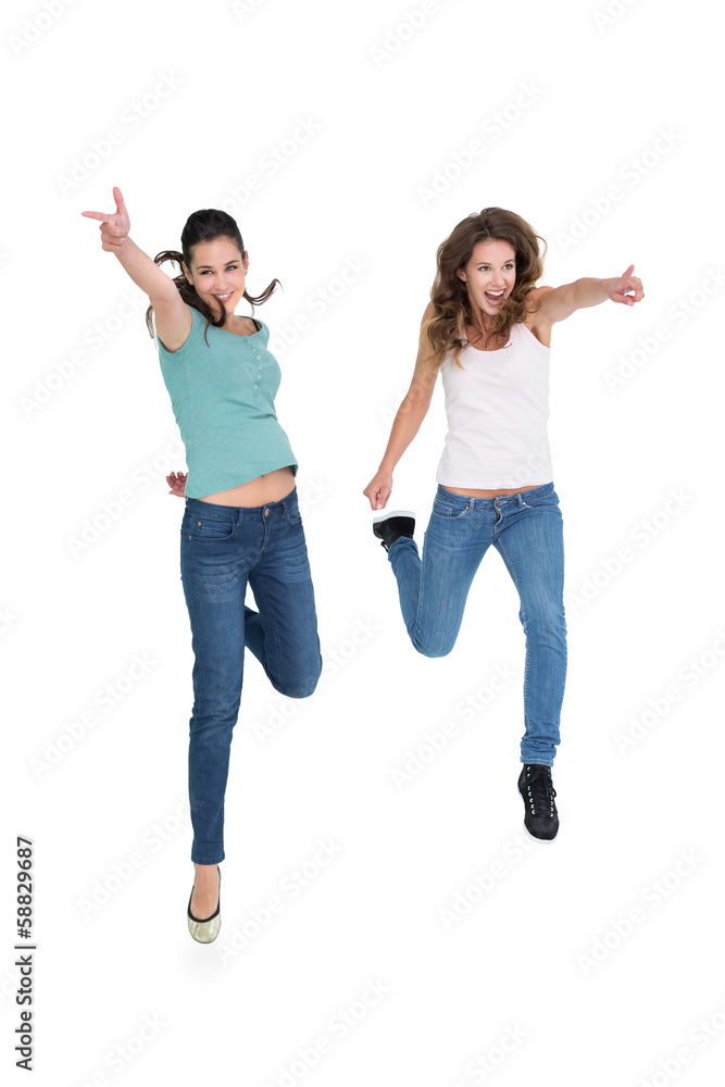 Two cheerful young female friends with hand gestures Two cheerful young female friends with hand gestures