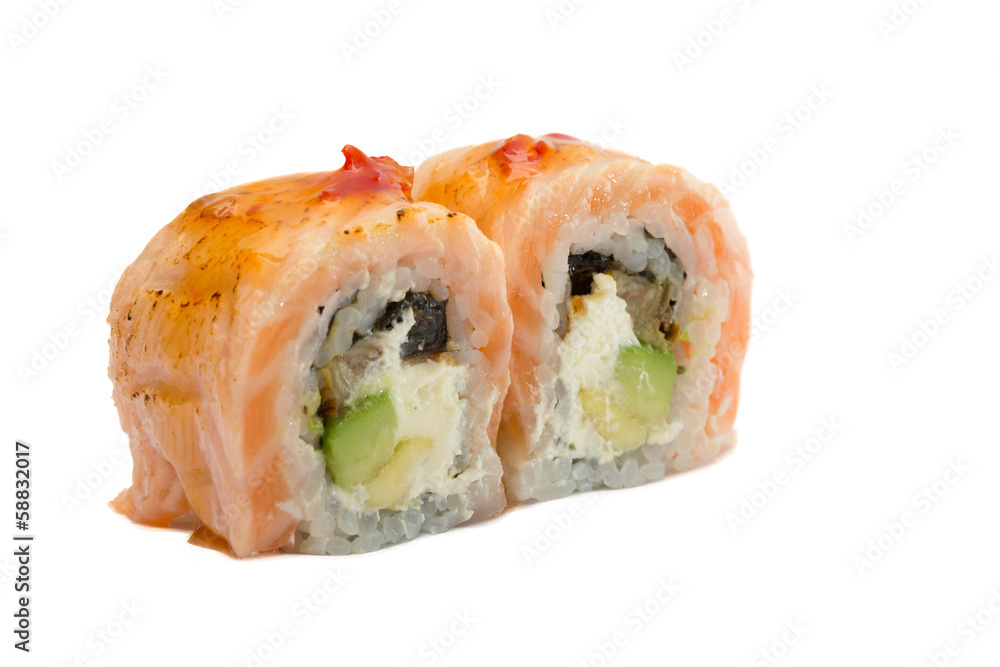 Sushi roll with salmon isolated on white background Sushi roll with salmon isolated on white background