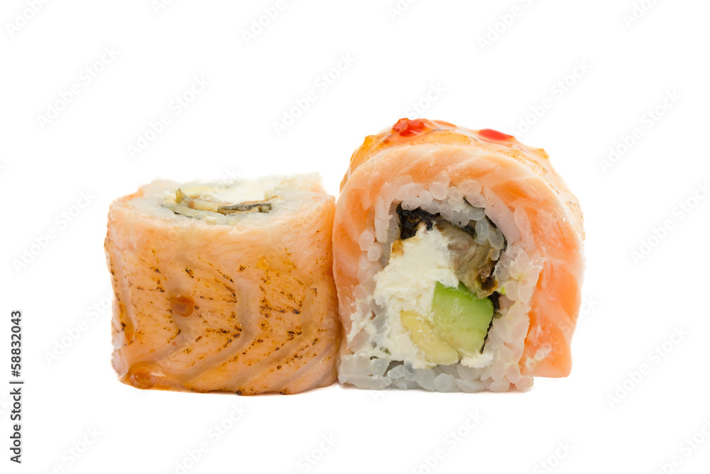 Sushi roll with salmon isolated on white background Sushi roll with salmon isolated on white background