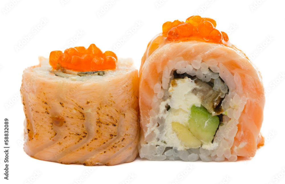 Sushi roll with salmon isolated on white background Sushi roll with salmon isolated on white background