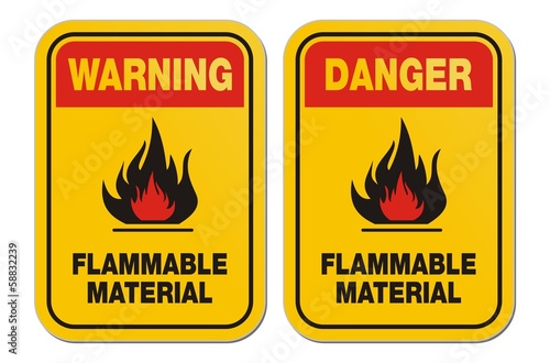 waning and danger flammable material yellow signs