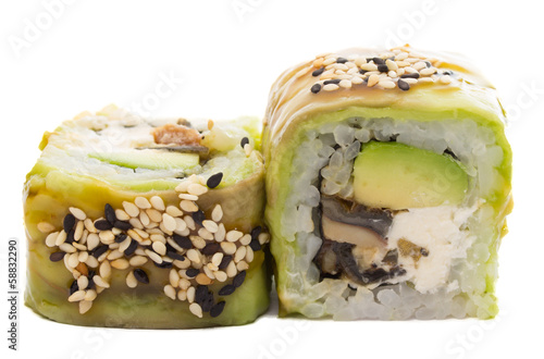 Sushi roll with avocado isolated on white background