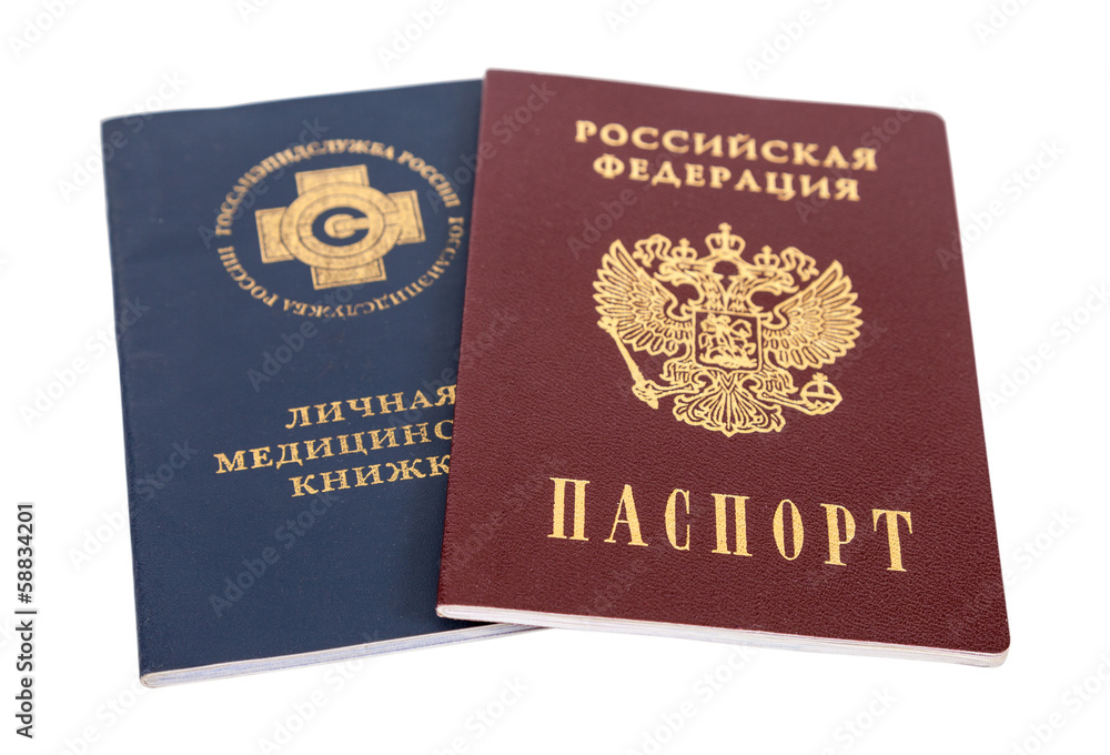 Russian medical book and passport isolated on white background