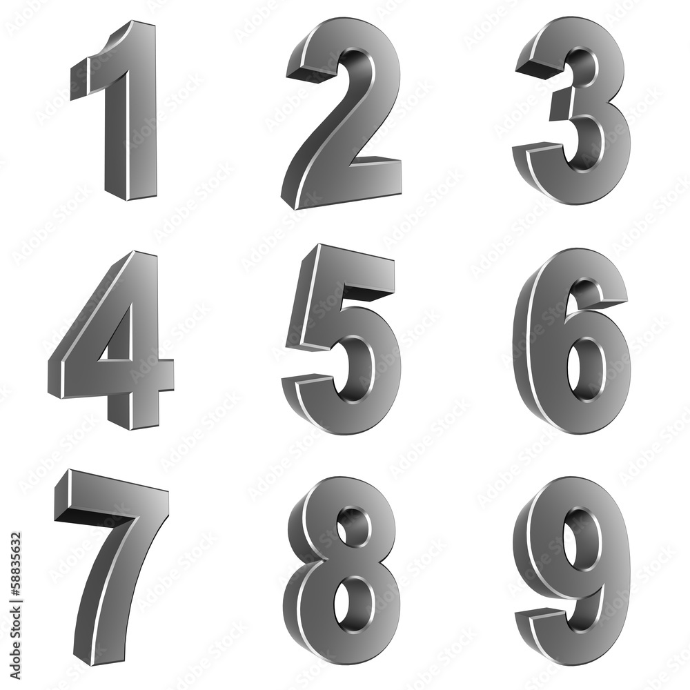 Number from 1 to 9 in chrome over white background Number from 1 to 9 in chrome over white background