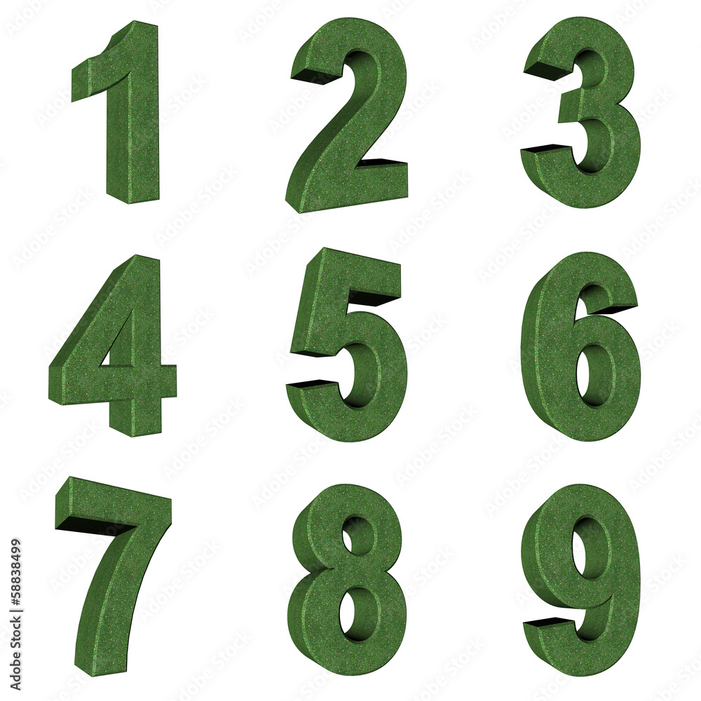 Number from 1 to 9 in grass over white background Number from 1 to 9 in grass over white background