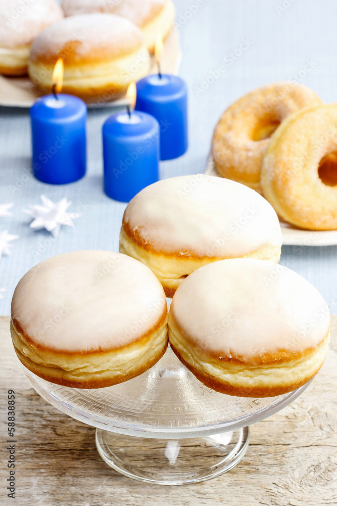 Donuts with jam on party table Donuts with jam on party table