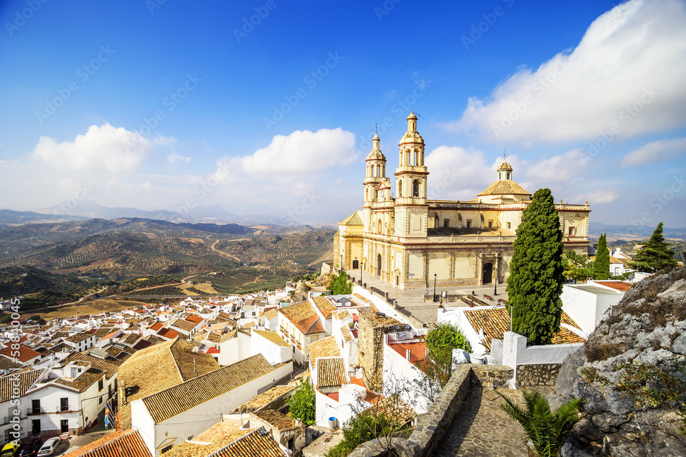 Elevated view of the town and Church, Olvera, Cadiz.