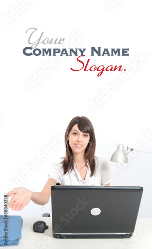 Woman at laptop extending h...