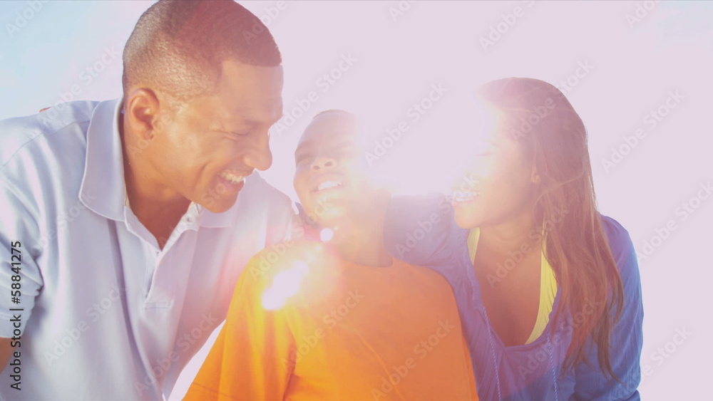 Close Up Ethnic Parents Young Son Casual Clothes Beach Close Up Ethnic Parents Young Son Casual Clothes Beach