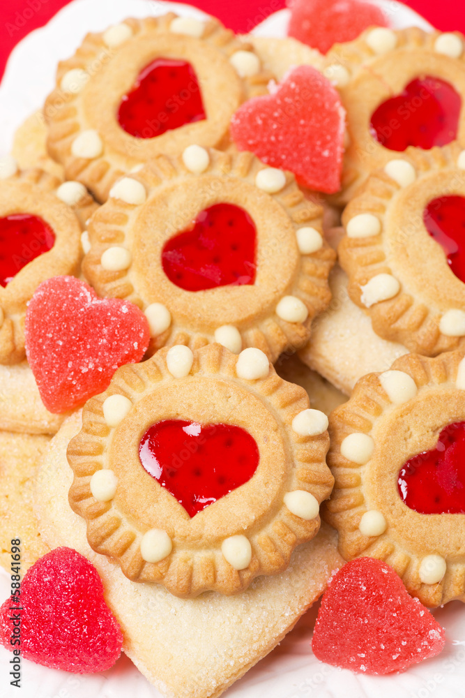 Assorted cookies and fruit jelly for Valentine's Day, vertical