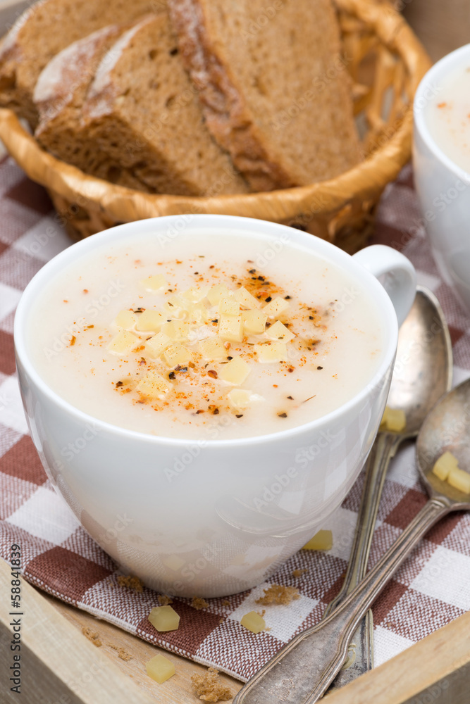 Delicious cream soup of cauliflower with cheese, close-up Delicious cream soup of cauliflower with cheese, close-up