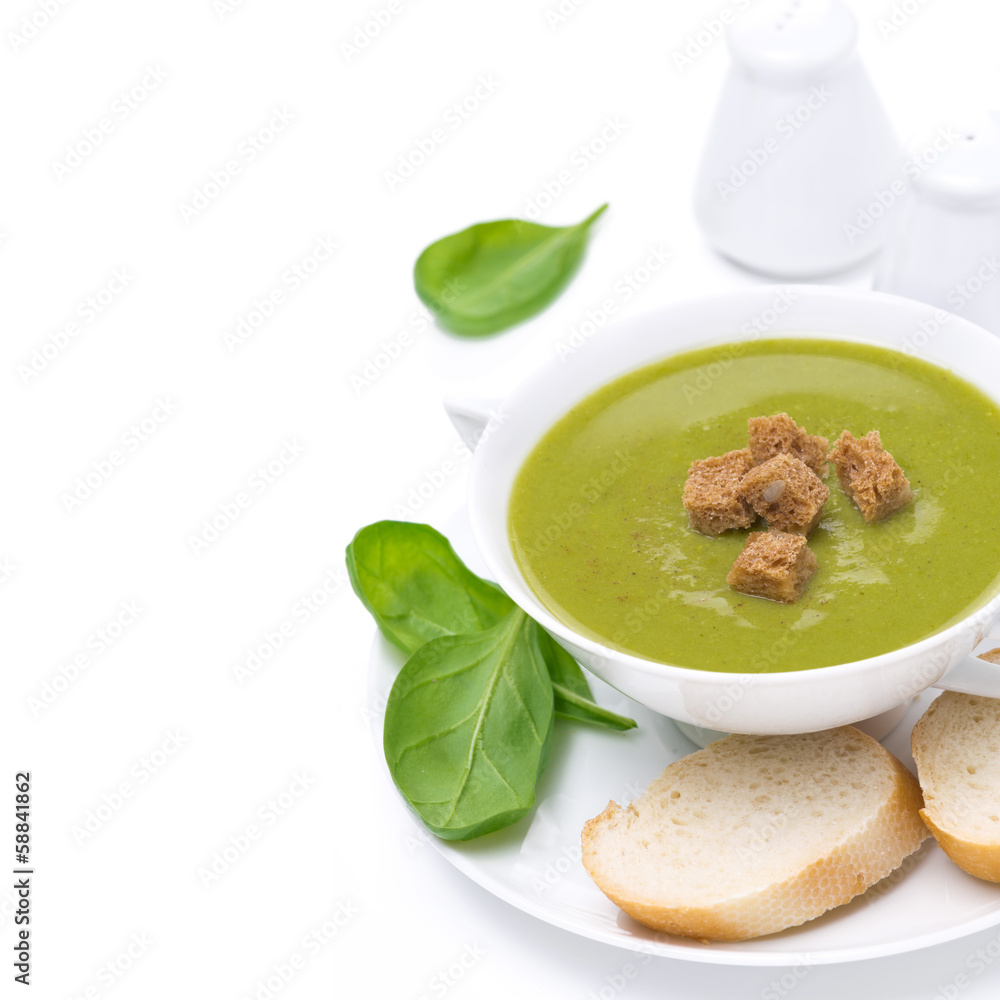 delicious spinach soup with croutons, close-up, isolated delicious spinach soup with croutons, close-up, isolated