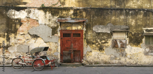 Old Red Door And Trishaw, George Town, Penang, Malaysia