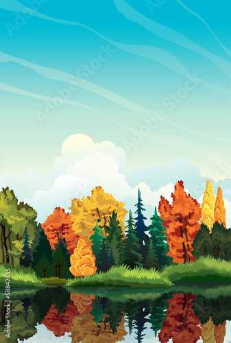 Autumn landscape with trees and lake.