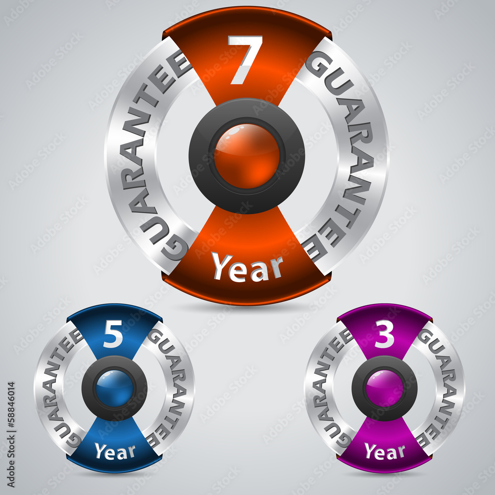 Metallic warranty badges with color ribbons Metallic warranty badges with color ribbons
