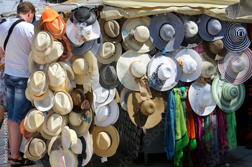 Hat shop on street market in Split, town in Croatia