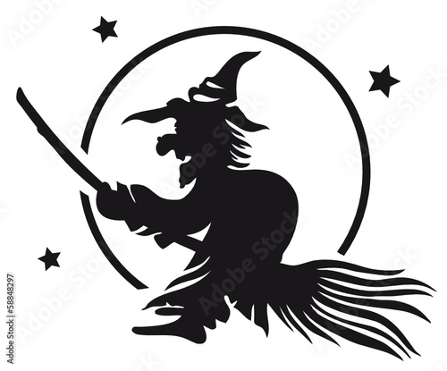 Halloween Hexe auf einem Besen. Vollmond mit Sternen.