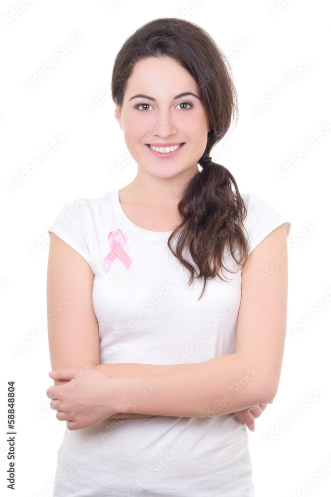 young woman with pink cancer ribbon on the breast isolated on wh young woman with pink cancer ribbon on the breast isolated on wh