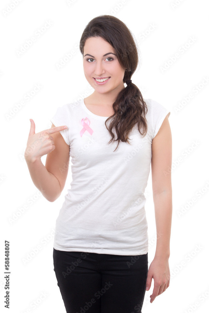 woman with pink cancer ribbon on the breast isolated on white ba woman with pink cancer ribbon on the breast isolated on white ba