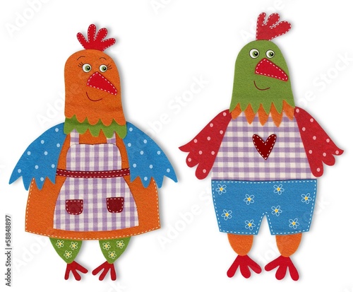 rooster and hen cut out of felt and wool