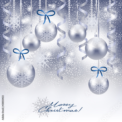 Christmas background with baubles in silver