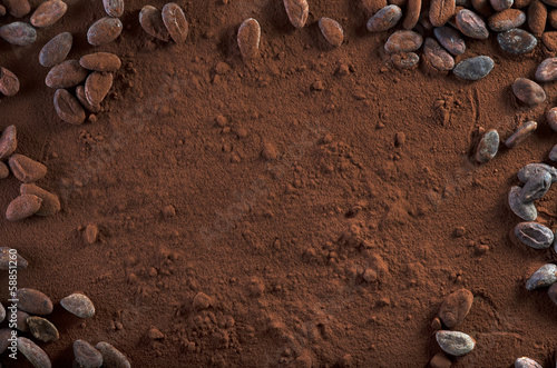 Kakaopulver und Kakaobohnen Hintergrund Textfreiraum photo