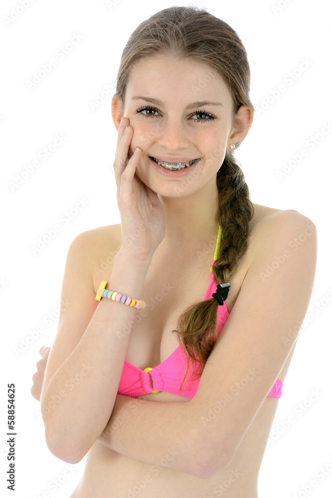 Freundlicher Teenager in pinkem Bikini Stock Photo | Adobe Stock