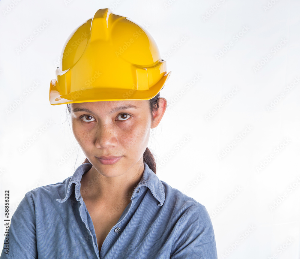 Asian female construction worker with safety hat Asian female construction worker with safety hat