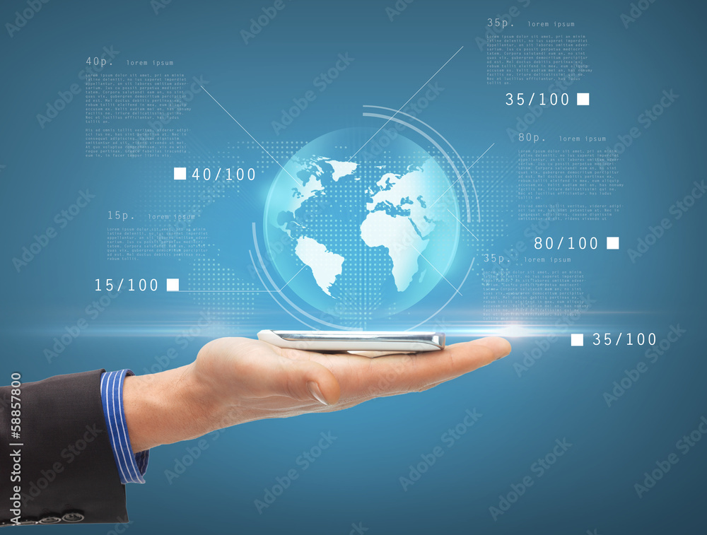 man hand with smartphone and virtual sphere globe man hand with smartphone and virtual sphere globe