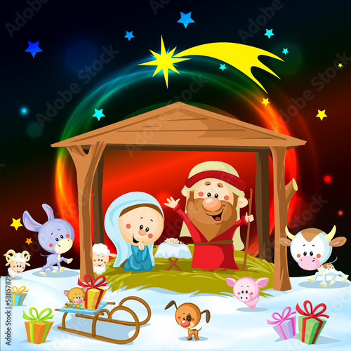 christmas nativity with lights and cute animals