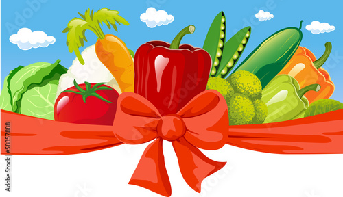 vector horizontal design with vegetable, bow and blue sky