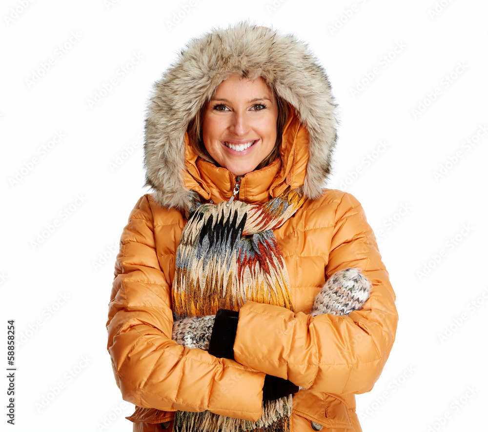 Young woman wearing winter coat.