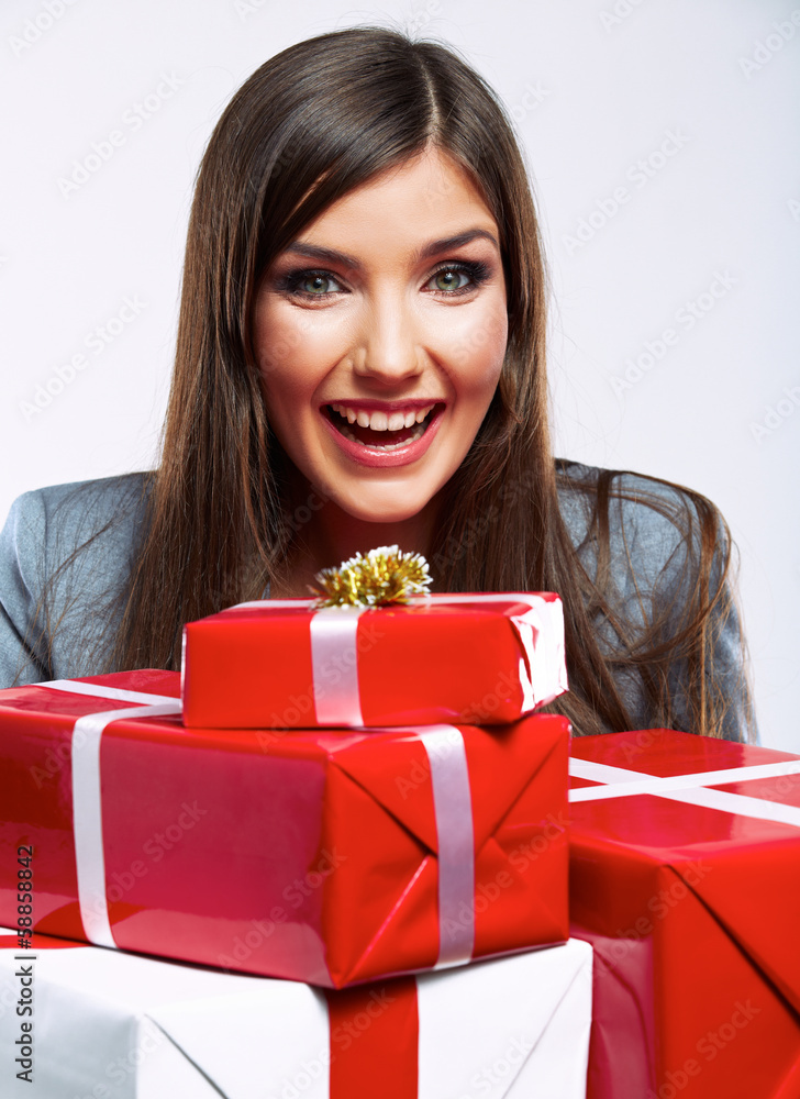 Happy Business woman hold gift box. White background isolated Happy Business woman hold gift box. White background isolated