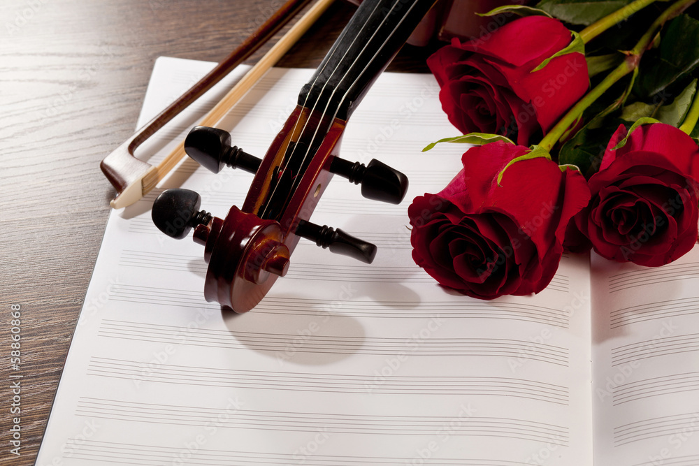 Fototapeta premium Red roses and a violin