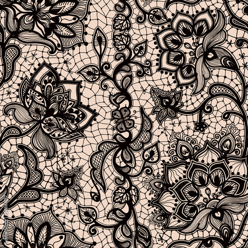 Abstract seamless lace pattern with flowers and butterflies.