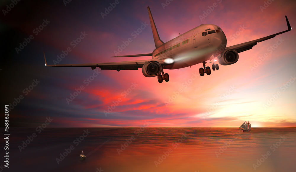 Passagierflugzeug, Landung bei Sonnenuntergang über dem Meer