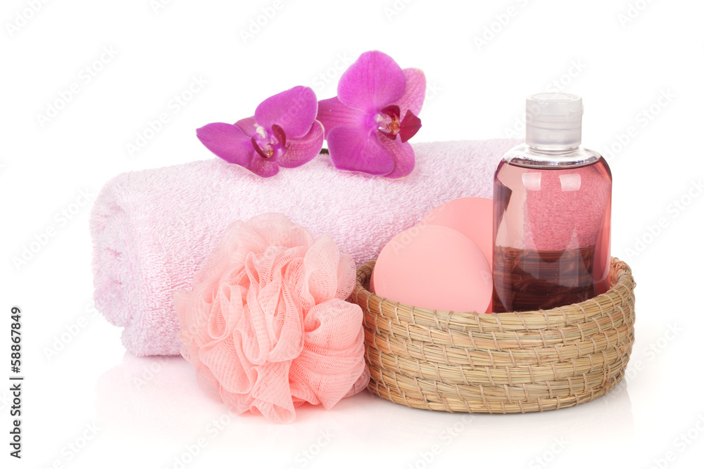 Cosmetics, towel and orchid flowers Cosmetics, towel and orchid flowers