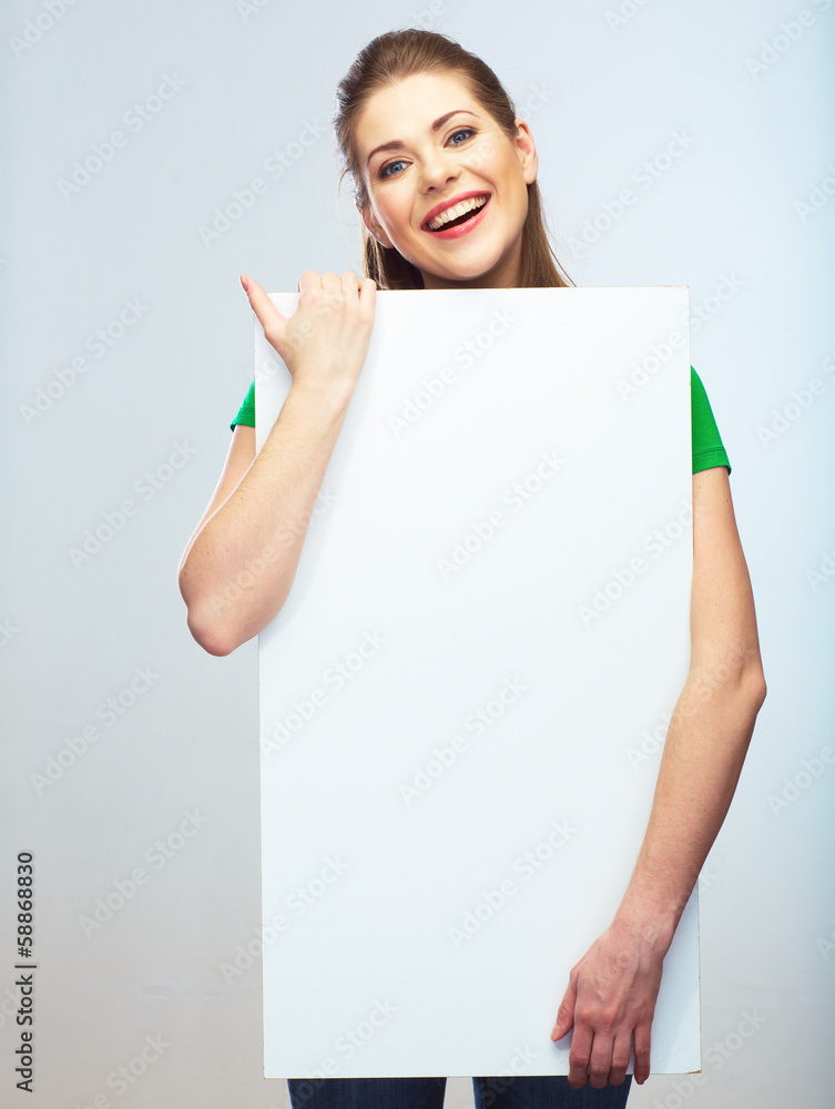 Fototapeta premium Girl student hold white blank board. White background young wom