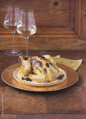 Baked chicken with morels and white wine photo