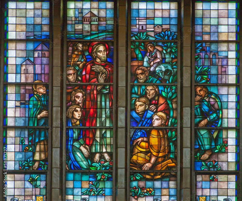 Brussels - Learning of Jesus from windowpane of Basilica