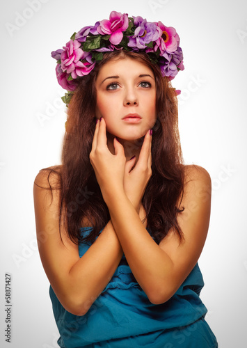 beautiful model face woman close-up beauty head, wreath flowers