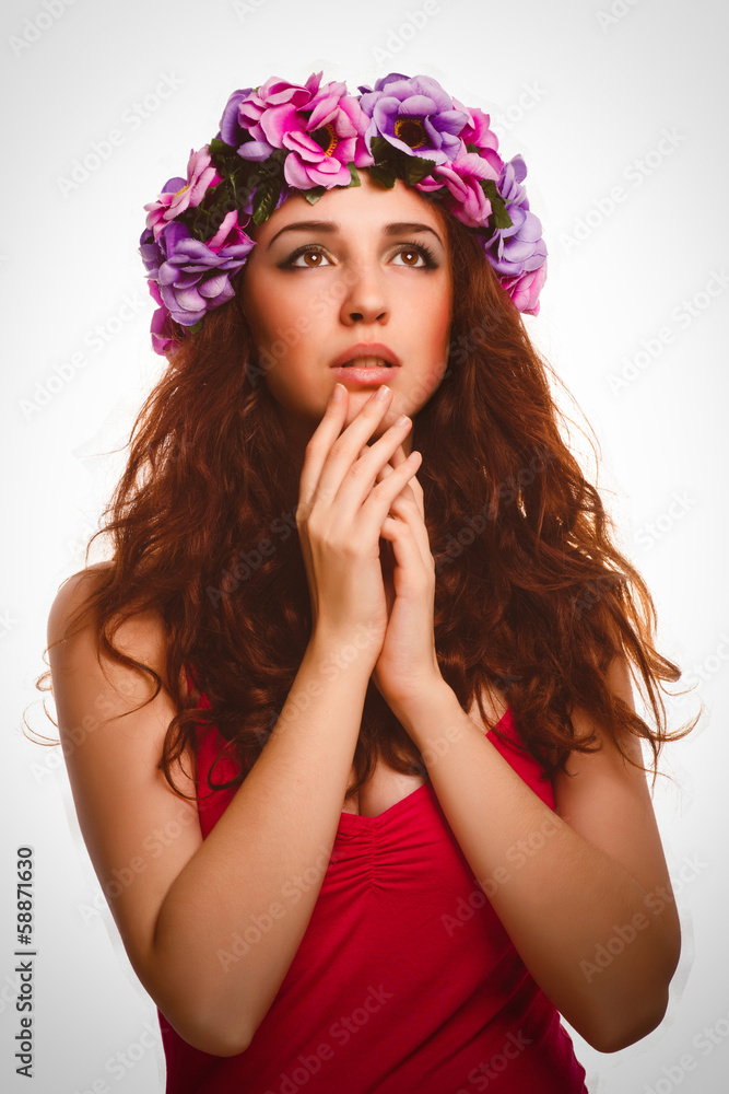 beautiful woman face model close-up head beauty, wreath flowers