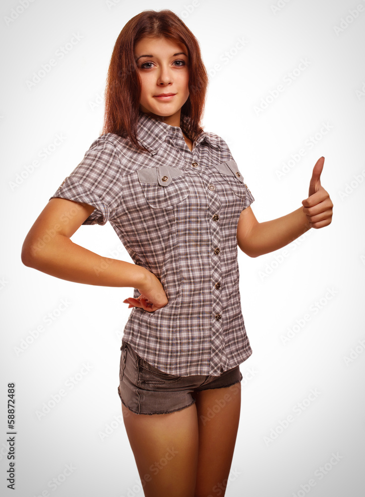 happy woman young girl shows positive sign thumbs yes, shirt sho happy woman young girl shows positive sign thumbs yes, shirt sho