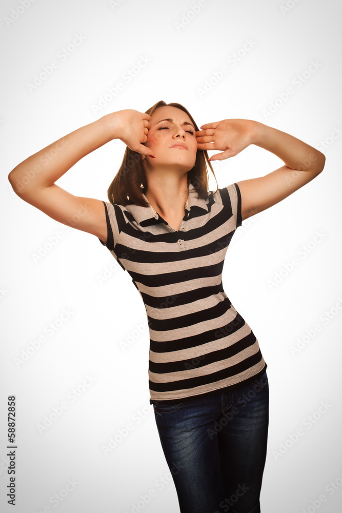 stress woman pain tired headache, holding hands his behind head, stress woman pain tired headache, holding hands his behind head,