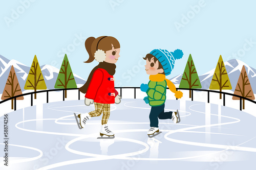 Kids Ice skating in nature