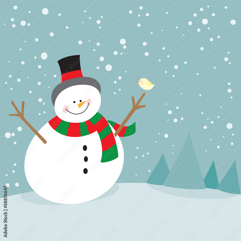 Cute christmas snowman and little bird Cute christmas snowman and little bird