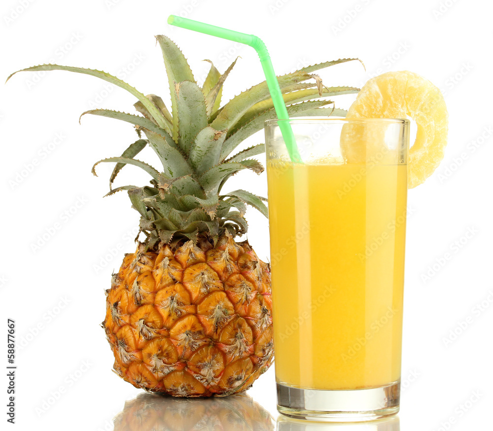 Ripe pineapple and juice glass isolated on white Ripe pineapple and juice glass isolated on white