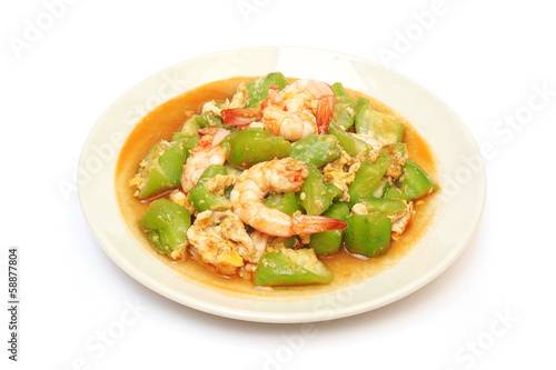 stir fried gourd with shrimp and egg on plate