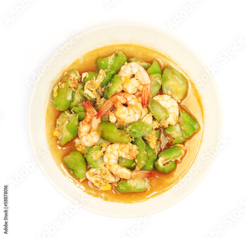 stir fried gourd with shrimp and egg on plate